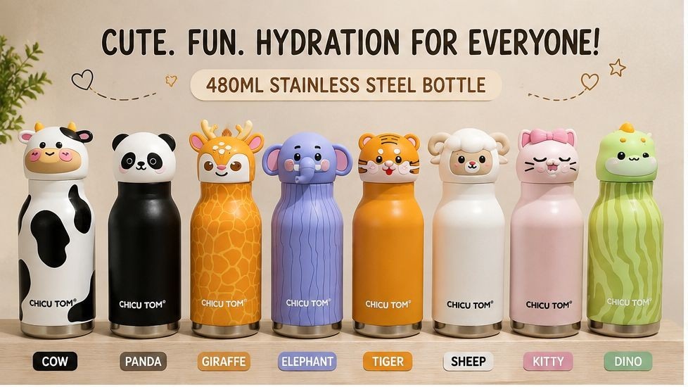 Cute animal insulated bottle designs including Cow, Panda, Giraffe, Elephant, Tiger, Sheep, Kitty and Dino