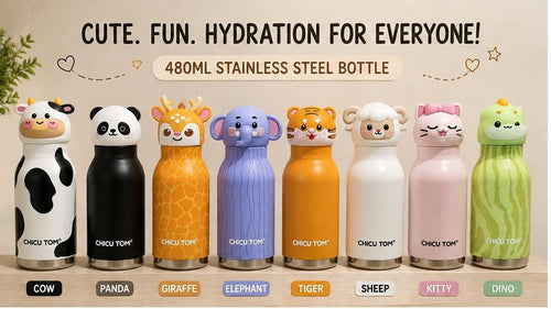 Cute animal insulated bottle designs including Cow, Panda, Giraffe, Elephant, Tiger, Sheep, Kitty and Dino