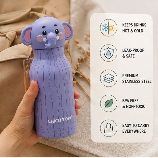 Elephant animal bottle shown with product feature icons