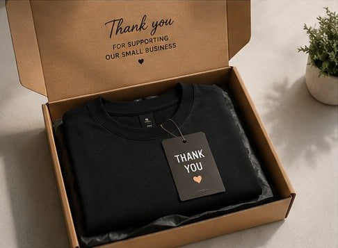 Custom T-shirt presented in gift-style packaging