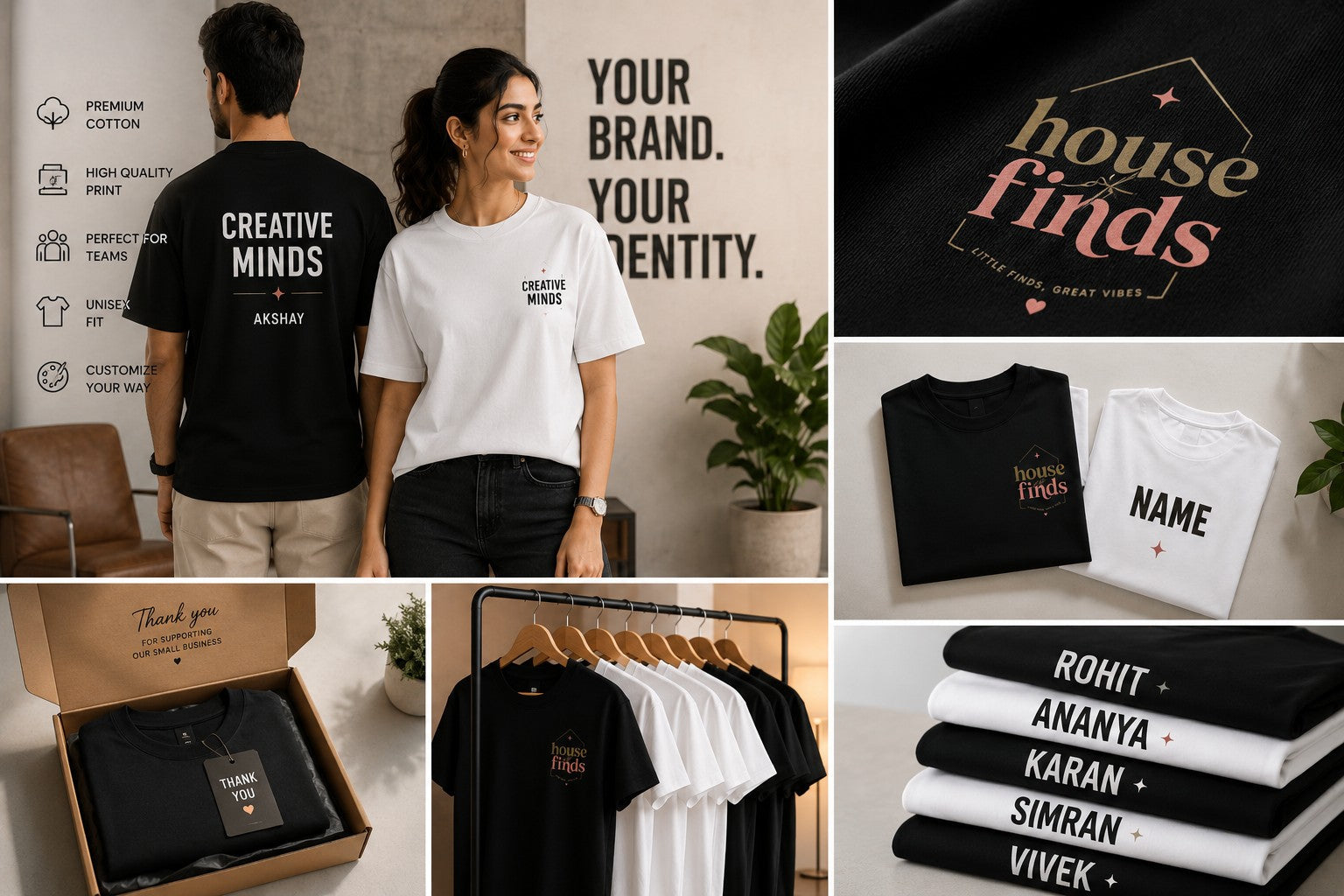 Custom logo T-shirt in black and white with personalisation examples