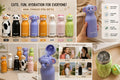 Cute animal insulated water bottle designs including Cow, Panda, Giraffe, Elephant, Tiger, Sheep, Kitty and Dino