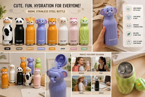 Cute animal insulated water bottle designs including Cow, Panda, Giraffe, Elephant, Tiger, Sheep, Kitty and Dino