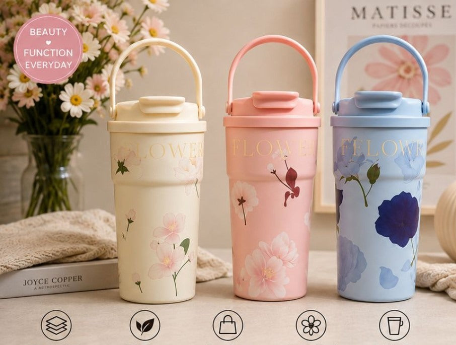 Floral thermal tumbler in Ivory Bloom, Blush Pink and Sky Blue