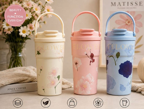 Floral thermal tumbler in Ivory Bloom, Blush Pink and Sky Blue