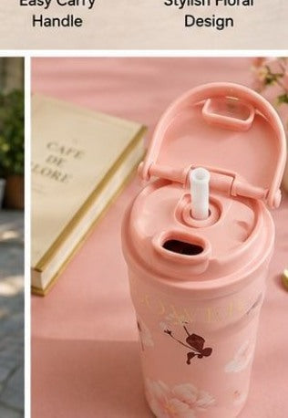 Blush Pink floral thermal tumbler lid and sip opening detail
