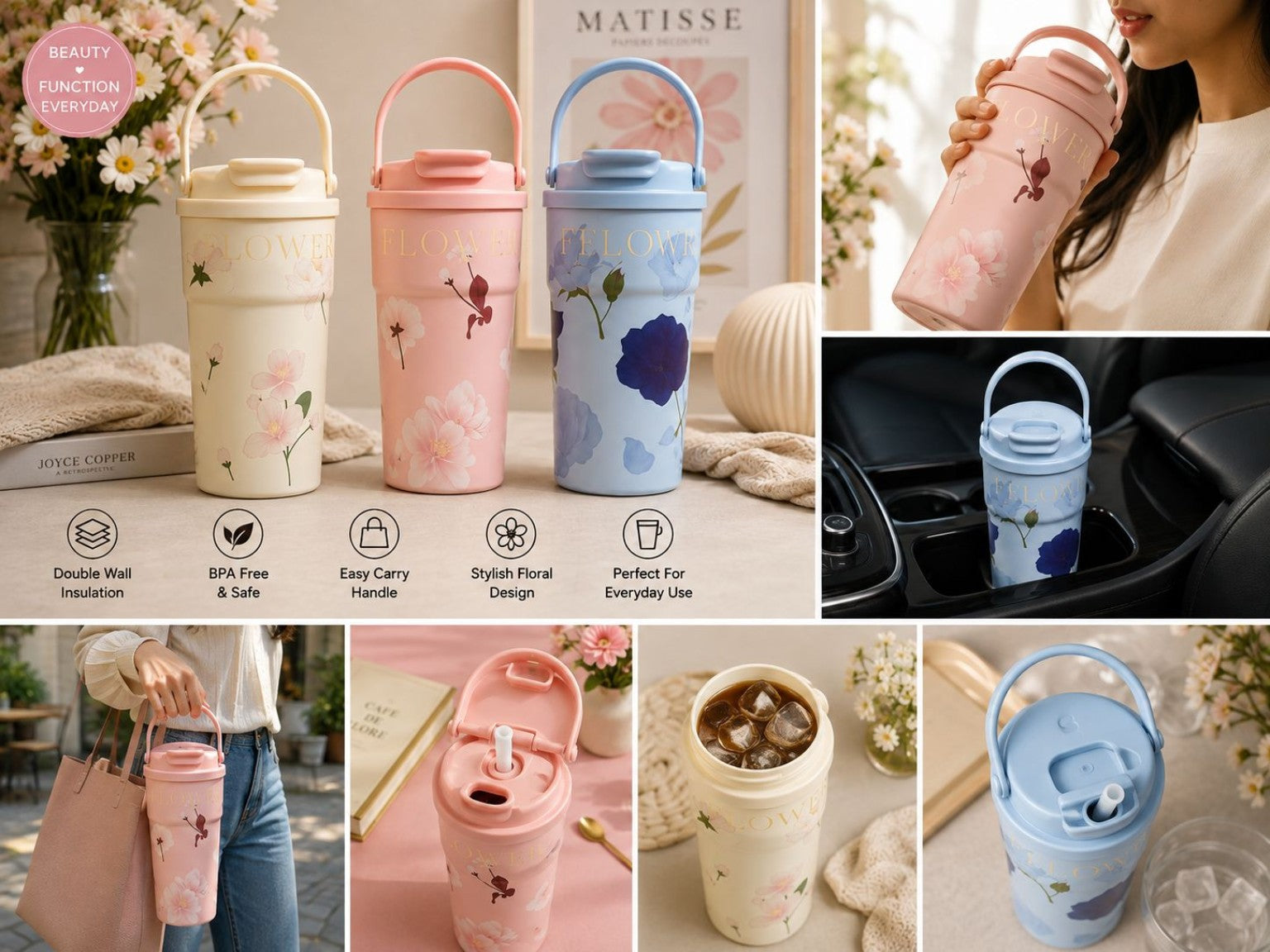 Floral thermal tumbler in Ivory Bloom, Blush Pink and Sky Blue