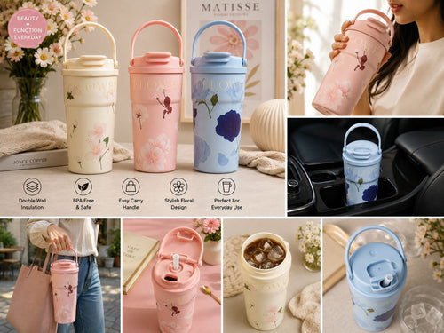 Floral thermal tumbler in Ivory Bloom, Blush Pink and Sky Blue