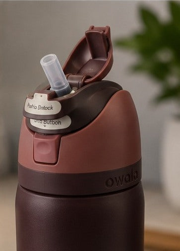 Maroon insulated water bottle lid and built-in straw detail