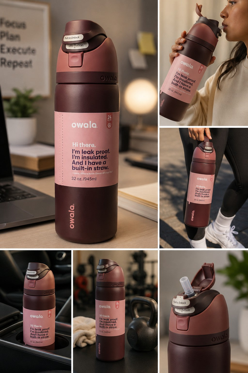 Insulated stainless steel water bottle with built-in straw in daily-use settings