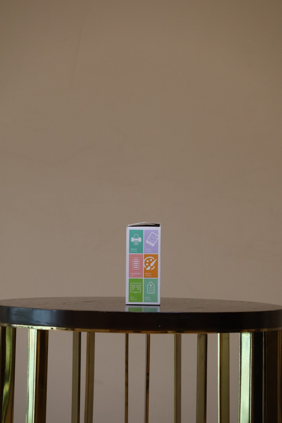 Mini thermal printer retail packaging detail from House of Finds product shoot