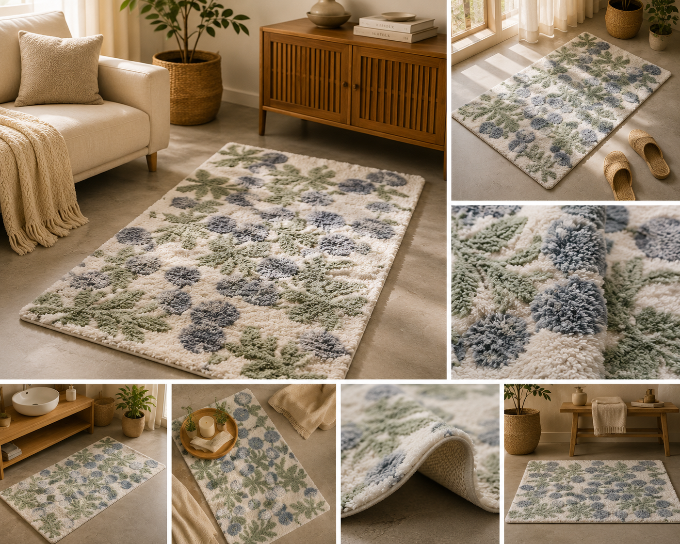Premium tufted blue floral rug shown in a warm living-room setting with close-up texture views