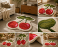 Premium tufted cherry rug shown in a warm living-room setting with close-up texture views