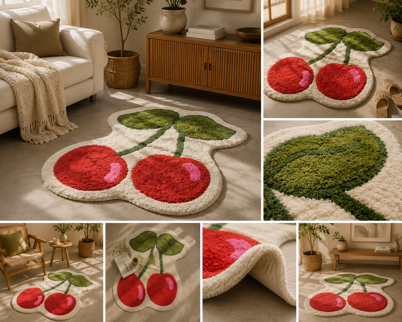 Premium tufted cherry rug shown in a warm living-room setting with close-up texture views