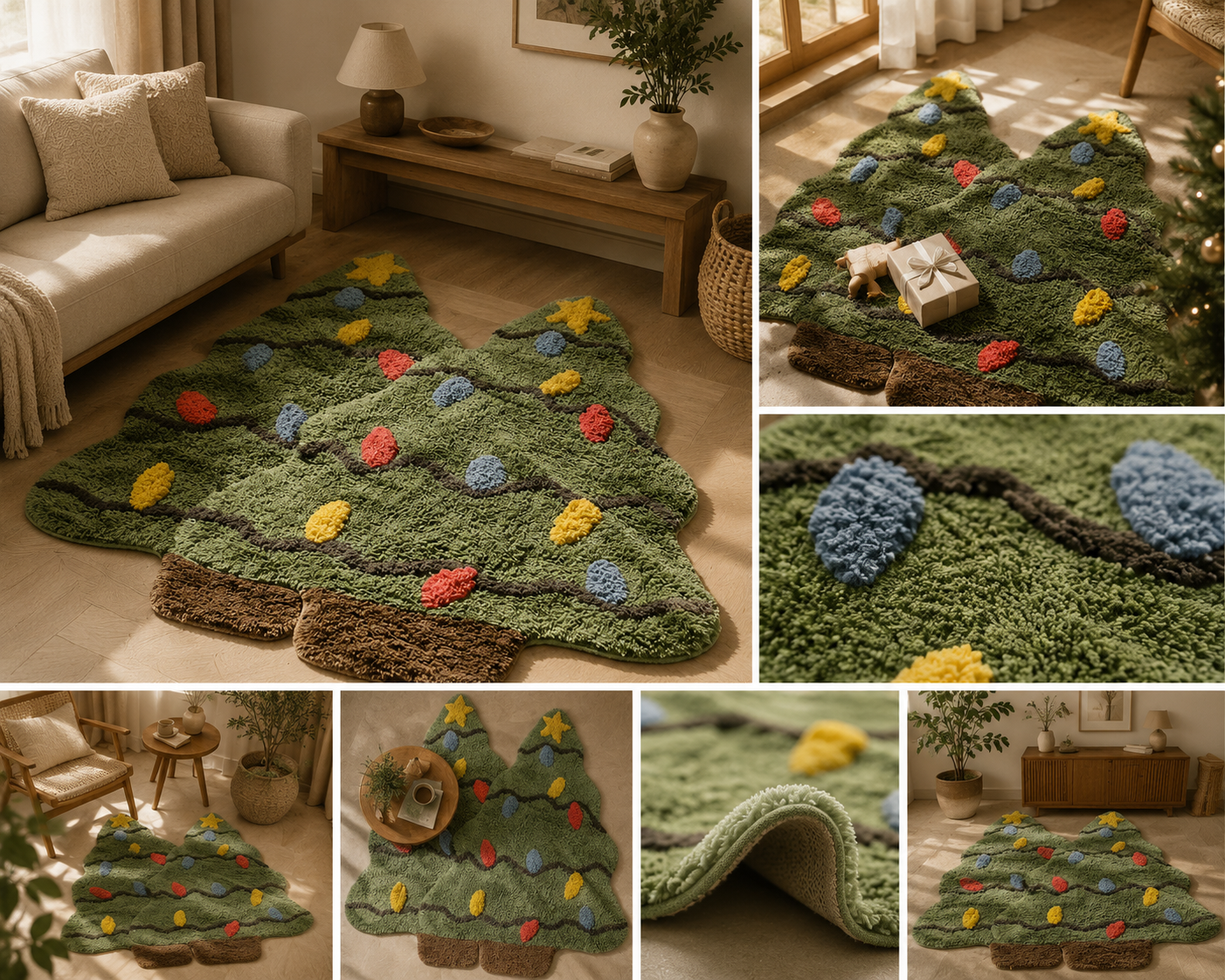 Premium tufted festive tree rug shown in a warm living-room setting with close-up texture views