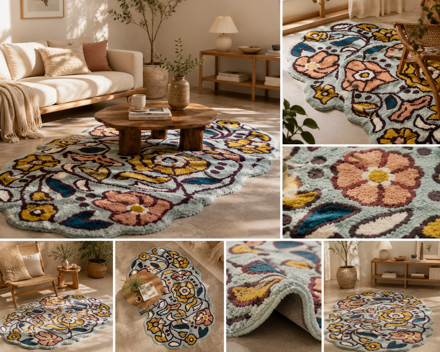 Premium tufted retro floral rug shown in a warm living-room setting with close-up texture views