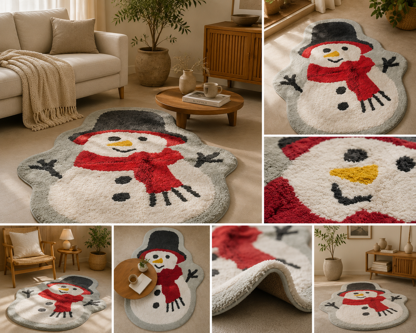 Premium tufted snowman rug shown in a warm living-room setting with close-up texture views