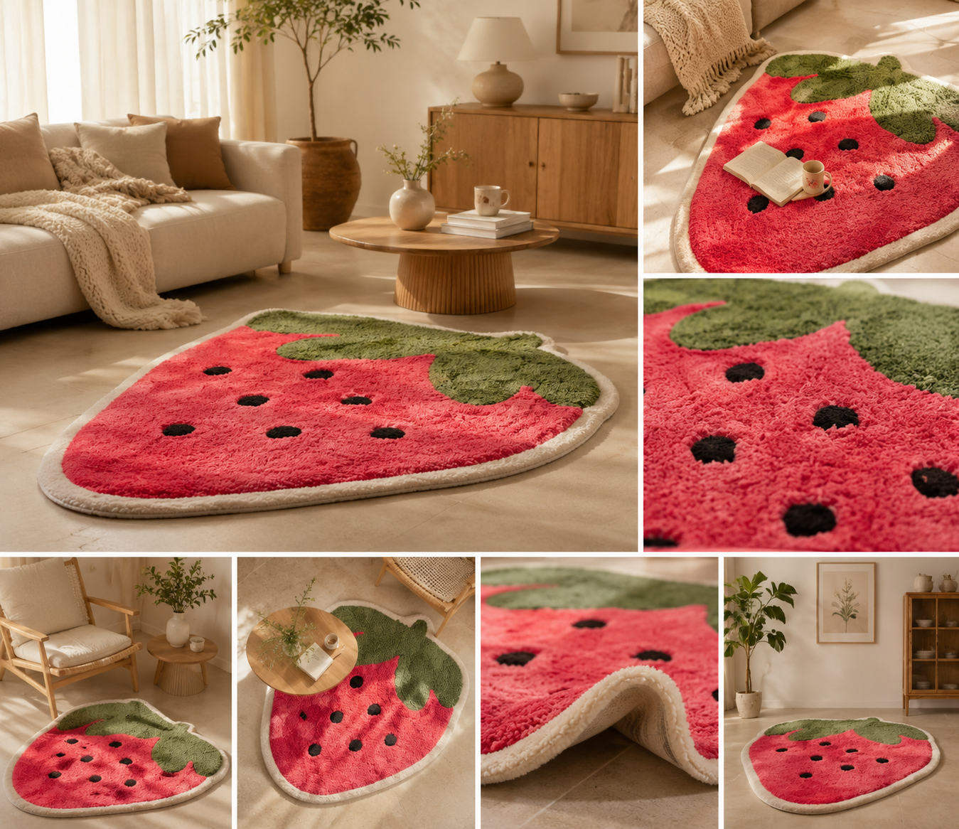 Premium tufted strawberry rug shown in a warm living-room setting with close-up texture views