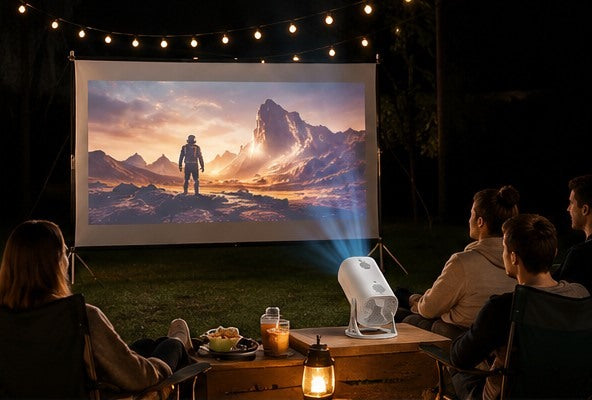 Portable projector used for an outdoor movie setup