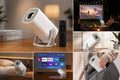 Smart portable projector with remote in indoor and outdoor viewing settings